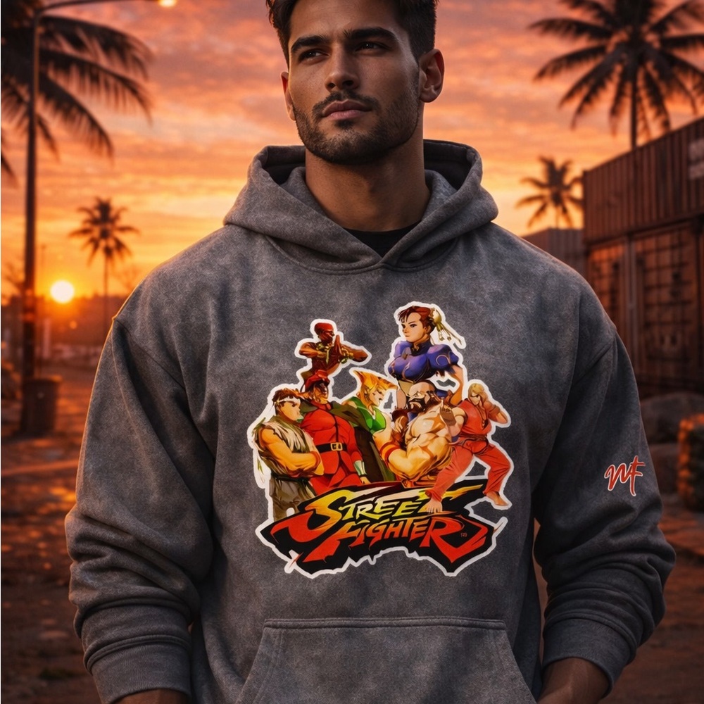 Street Fighter acid washed Graphic Hoodie in Gray